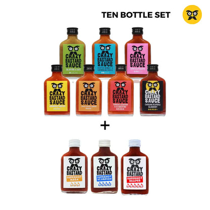 10 bottle chilli sauce gift set featuring extreme hot Carolina Reaper, super hot Naga and Scorpion peppers, plus 7 flavorful hot sauces including Chipotle, Scotch Bonnet, and Ghost Pepper. Perfect gourmet hot sauce collection for spice lovers.